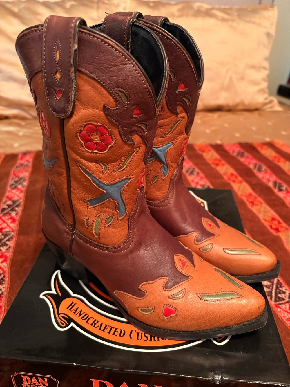 Dan Post Vintage Chocolate Bluebird Snip Toe Leather Cowboy Boots